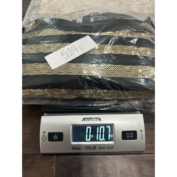 Prelude Striped Mesh Sequin Top Black Gold Sz Large Sparkle Party Night Out - Picture 10 of 10